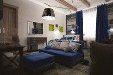   Детская комната коричневая мебель синий текстиль